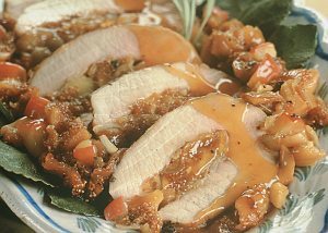 Dried Fig and Apple-Stuffed Pork Loin with Cider Sauce | California Olive Ranch