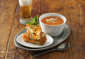Creamy Tomato Soup with Grilled Cheddar-Basil Sandwiches